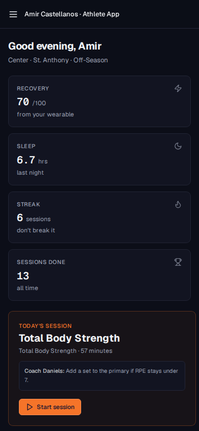 Athlete home screen showing today's session and recovery score