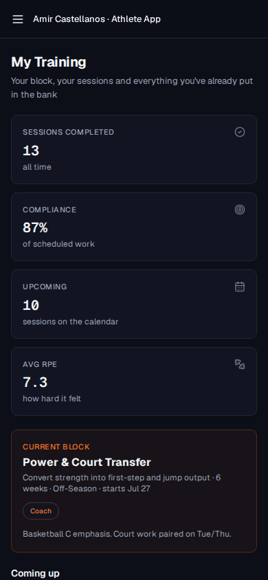 Athlete training calendar in the Two01 app